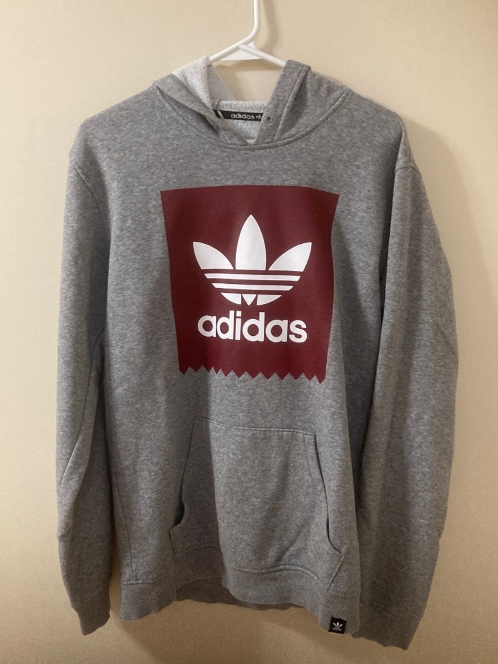 Adidas Originals “Solid Trefoil” Hoodie, Grey Heather With A Burgundy Box Logo.